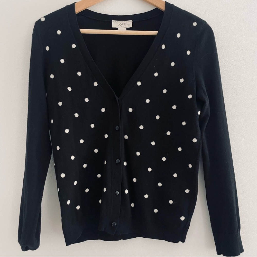Loft Cardigan Sweater Womens Small Black Polka Dot V-Neck
